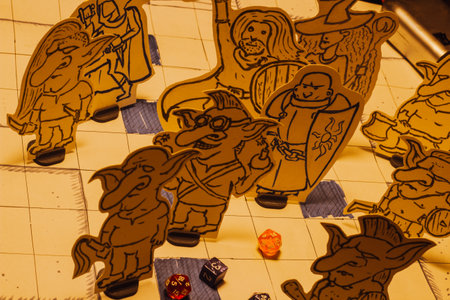 Hand-drawn fantasy tabletop role-playing game scene with paper miniatures of goblins and adventurers, including a wizard, paladin, warrior, and rogue. The figures are placed on a grid battle map with colorful d20 scattered around, creating a vivid and creative RPG atmosphere.の写真素材