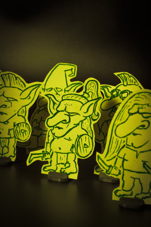Hand-drawn goblin miniatures for tabletop role-playing games. These stylized paper figures depict...