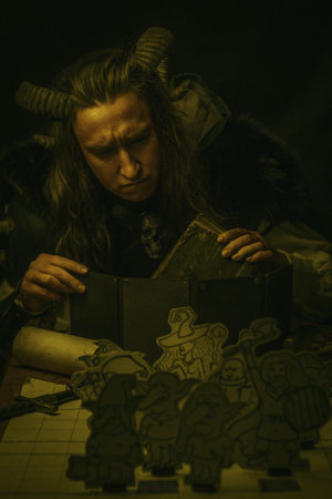 A focused Dungeon Master of the tiefling race prepares a tabletop role-playing game session. The...