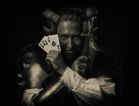A dramatic portrait of a tiefling rogue holding a dagger and a legendary poker card combination. The...
