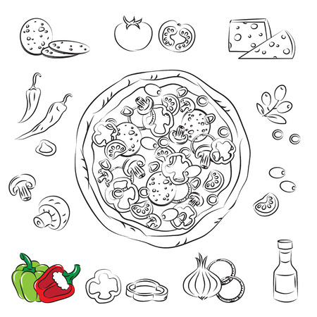 Vector Sketch Collection of Pizza and ingredient のイラスト素材