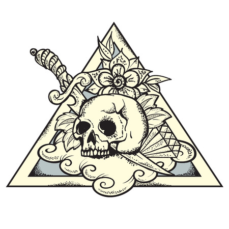 Vector Illustration of Skull and knife on triangleのイラスト素材