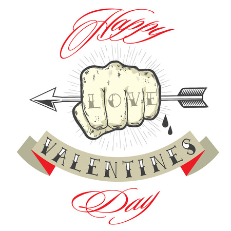 Happy Valentines Day card design with ornaments, hearts, ribbon, arrows and text. Isolated on transparent background. Easy to edit.のイラスト素材