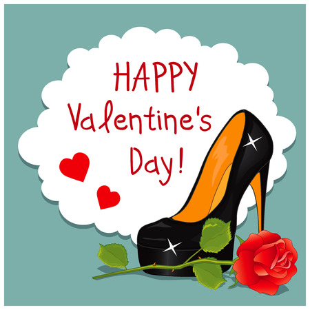Cartoon Greeting Card Valentines Day. Image of elegant womens high-heeled shoes and a red rose. Text in the frame.のイラスト素材