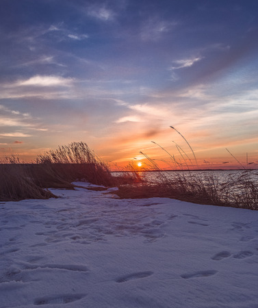 winter sunset on the seaの写真素材
