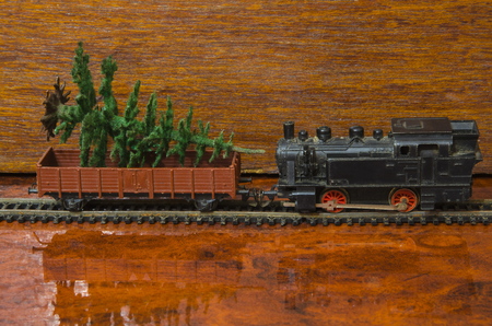 A toy steam locomotive carrying a car carrying an artificial Christmas tree.の写真素材