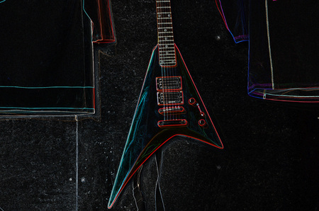 Abstract drawing with a picture of a guitar on a black background.の写真素材
