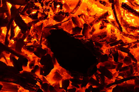 A burning mixture of anthracite coal and finely chopped wood.