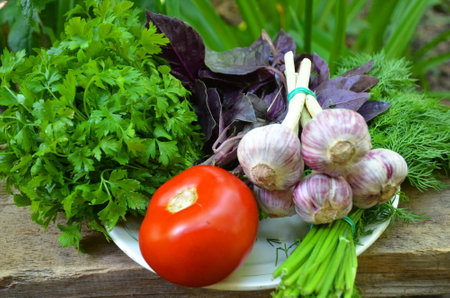 A set of spices and vegetables on a plate.の写真素材