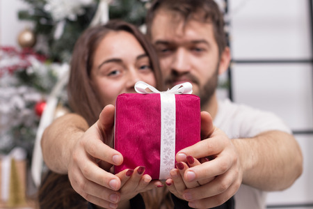 Hands of happy couple giving a Christmas gift. Decorated christmas tree on backgroundの写真素材