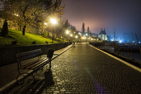 Amazing night  park street view with lights after rain with castle on background.のeditorial素材