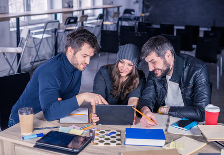 Video conference of young smart team. Group of  modern people speaking on video conference. Working...