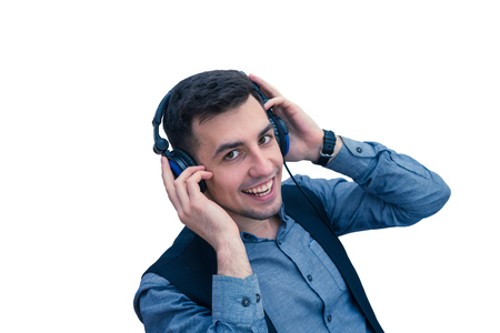 smiling man office worker wearing a headsetの写真素材