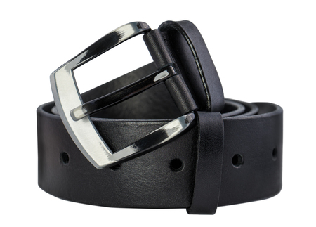 Rolled mens leather belt with metal buckle isolated on whiteの写真素材