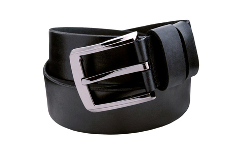 Rolled mens leather belt with metal buckle isolated on whiteの写真素材
