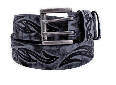 Rolled mens leather belt with metal buckle isolated on whiteの写真素材