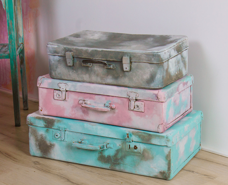 beautiful old blue, pink and gray suitcases or bags - retro styleの写真素材