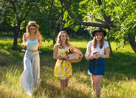 Group of girls friends making picnic outdoor. They have funの写真素材