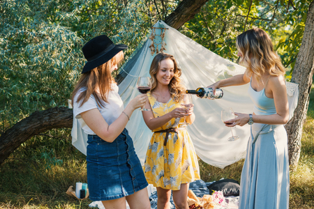 Group of girls friends making picnic outdoorの写真素材