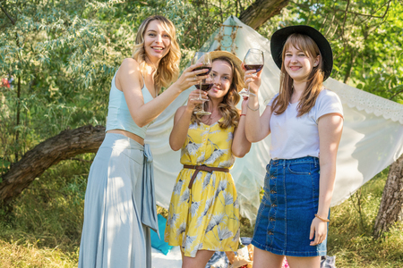 Group of girls friends making picnic outdoorの写真素材