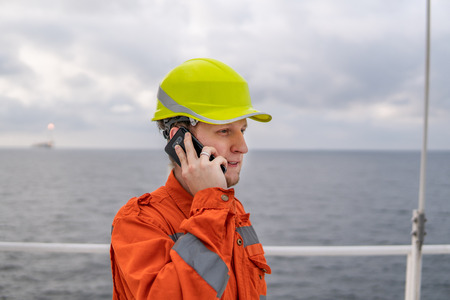 Marine Deck Officer or Chief mate on deck of vessel or shipの写真素材