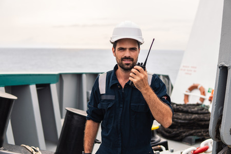 Marine Deck Officer or Chief mate on deck of vessel or shipの写真素材