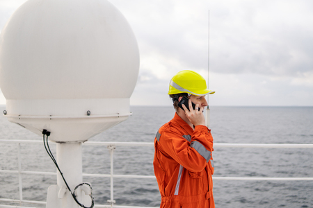 Marine Deck Officer or Chief mate on deck of vessel or shipの写真素材