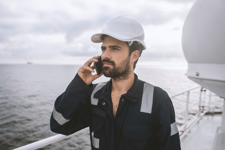 Marine Deck Officer or Chief mate on deck of vessel or shipの写真素材