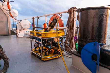 Remote operated vehicle mini ROV on deck of offshore vesselの写真素材