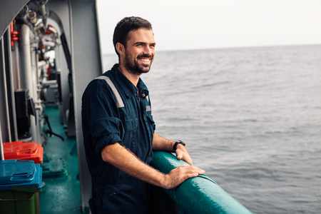 Marine Deck Officer or Chief mate on deck of vessel or shipの写真素材