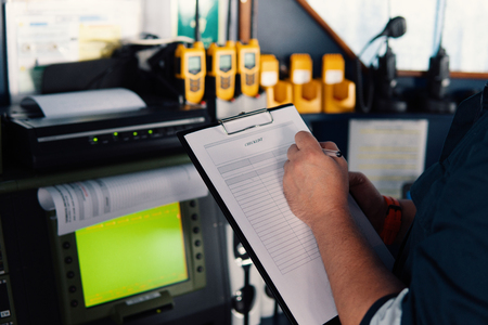 Marine navigational officer or chief mate on navigation watchの写真素材