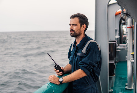 Marine Deck Officer or Chief mate on deck of vessel or shipの写真素材