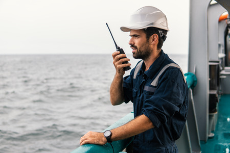 Marine Deck Officer or Chief mate on deck of vessel or shipの写真素材