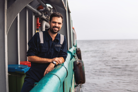Marine Deck Officer or Chief mate on deck of vessel or shipの写真素材