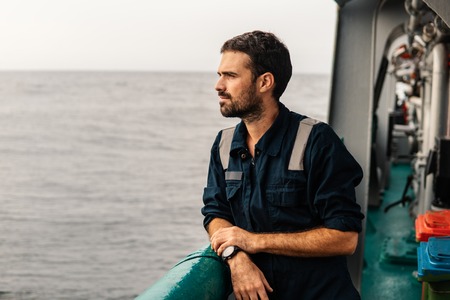Marine Deck Officer or Chief mate on deck of vessel or shipの写真素材