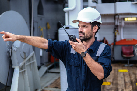 Marine Deck Officer or Chief mate on deck of vessel or shipの写真素材