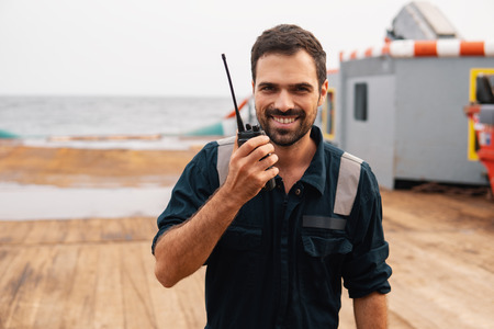 Marine Deck Officer or Chief mate on deck of vessel or shipの写真素材