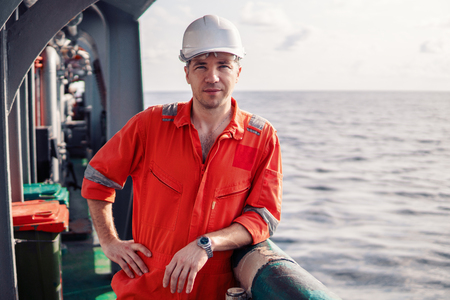 Marine chief officer or chief mate on deck of ship or vesselの写真素材