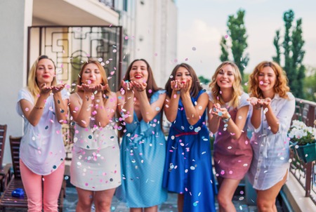 Beautiful Women Friends Having Fun At Bachelorette Partyの写真素材