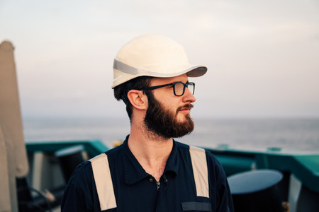 Deck Officer on deck of offshore vessel or shipの写真素材