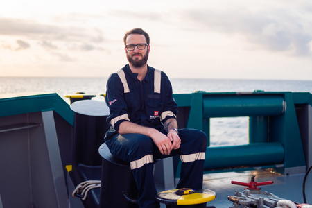 Deck Officer on deck of offshore vessel or shipの写真素材