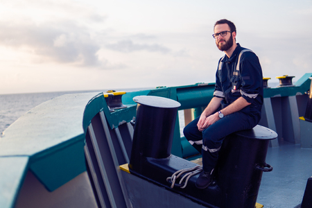 Deck Officer on deck of offshore vessel or shipの写真素材
