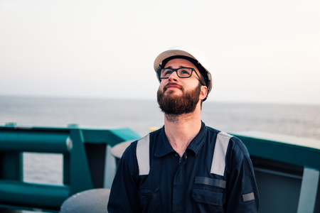 Deck Officer on deck of offshore vessel or shipの写真素材