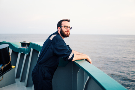 Deck Officer on deck of offshore vessel or shipの写真素材