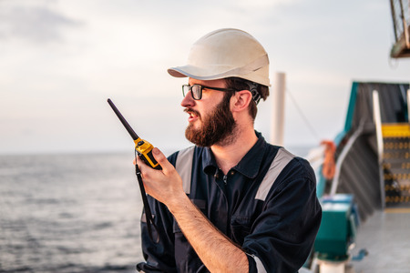 Deck Officer on deck of offshore vessel or shipの写真素材