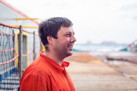 Deck Officer on deck of offshore vessel or shipの写真素材