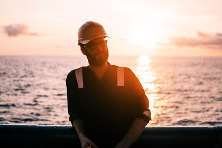Deck Officer on deck of offshore vessel or shipの写真素材