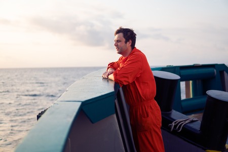 Deck Officer on deck of offshore vessel or shipの写真素材