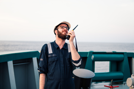 Deck Officer on deck of offshore vessel or shipの写真素材