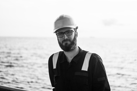 Deck Officer on deck of offshore vessel or shipの写真素材